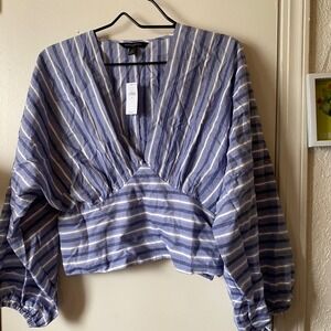 Banana Republic Striped Blouse Top Size 12 Blue Crop NWT V Neck Cotton‎